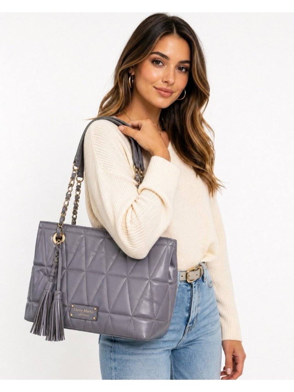 Darcy Marks London Gray Vegan Leather Quilted Hand Bag Satchel Purse